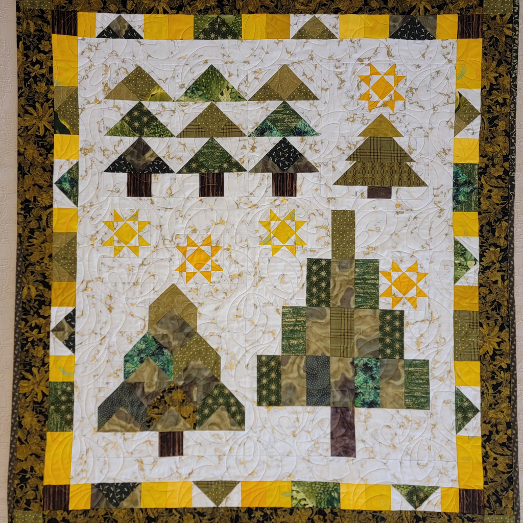A square quilted textile featuring a stylized winter forest scene with geometric trees, starbursts, and a patterned border. The design uses olive green, mustard yellow, brown, and cream fabric pieces, photographed flat against a light neutral background.