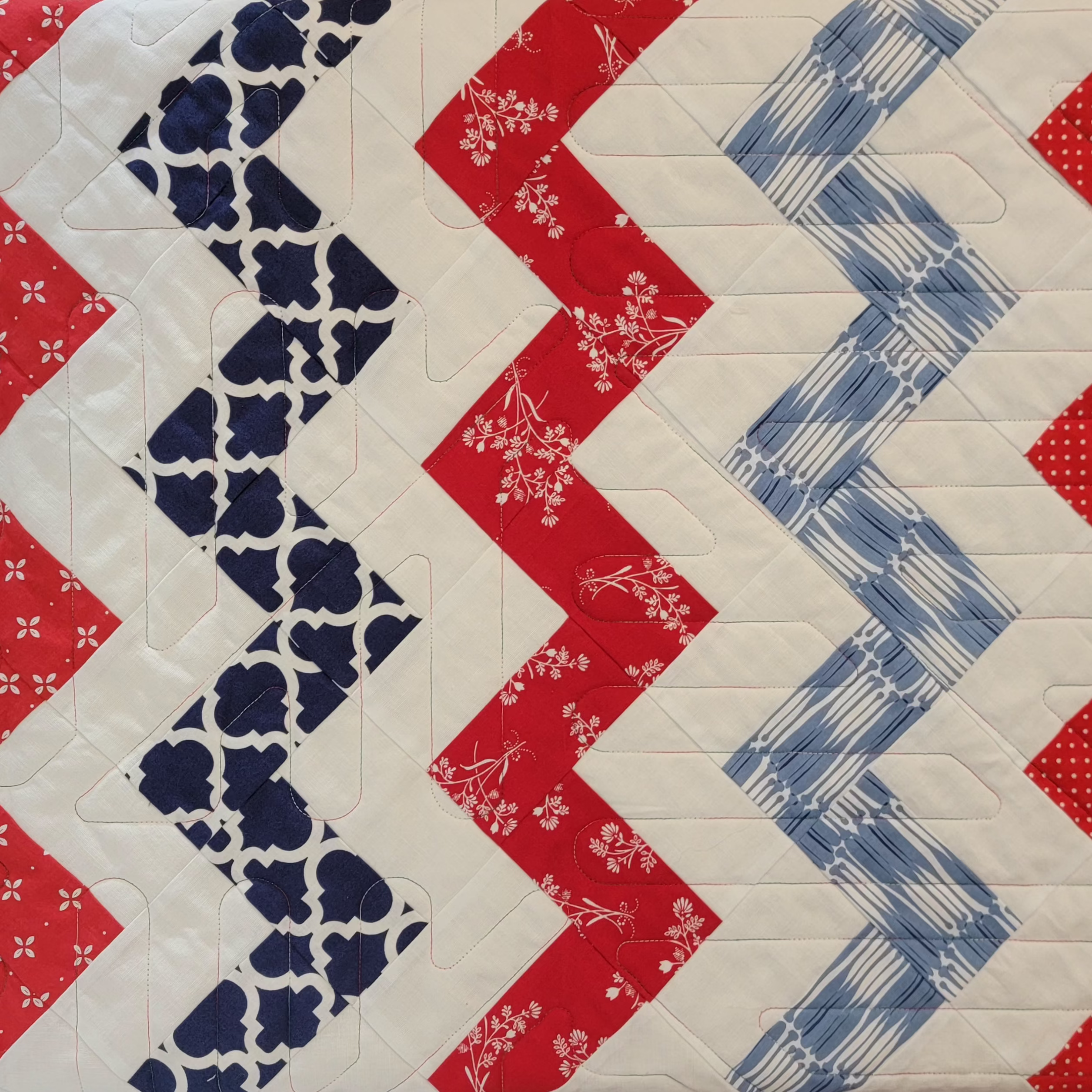 A close-up of a quilted fabric featuring a chevron pattern with alternating zigzag stripes in red, navy blue, and light blue on a white background.