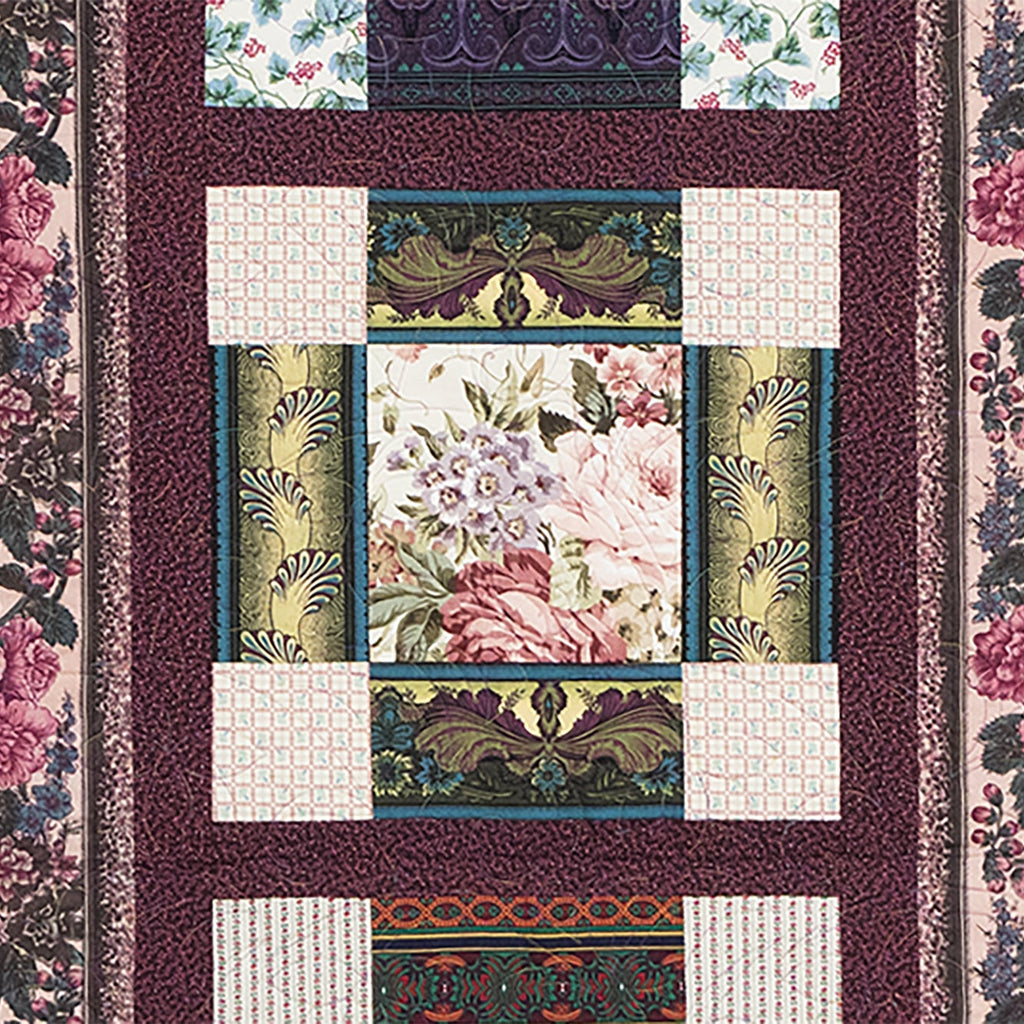 Decorative fabric panel with floral and geometric patterns on a purple background