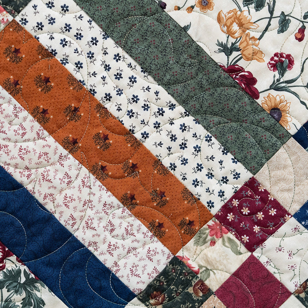 Patchwork quilt with floral and geometric patterns