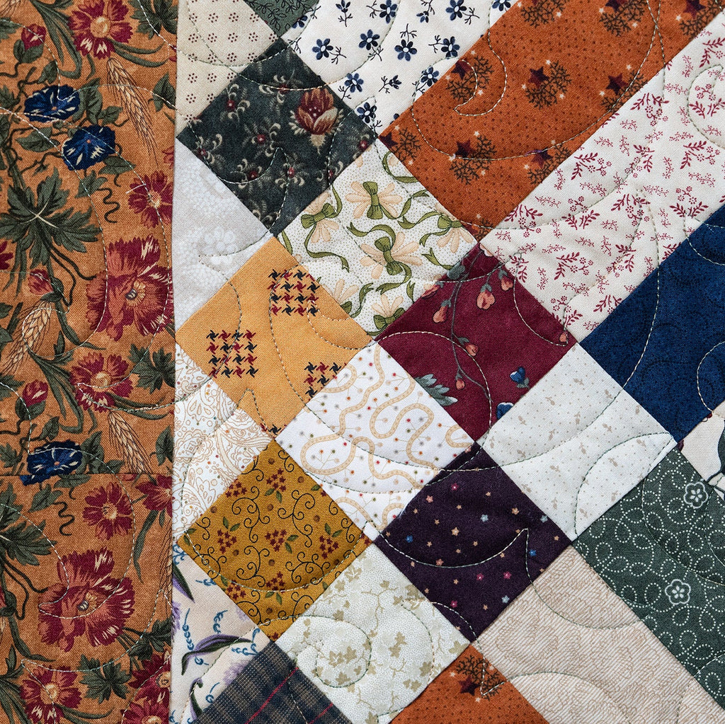 Patchwork quilt with floral and geometric patterns