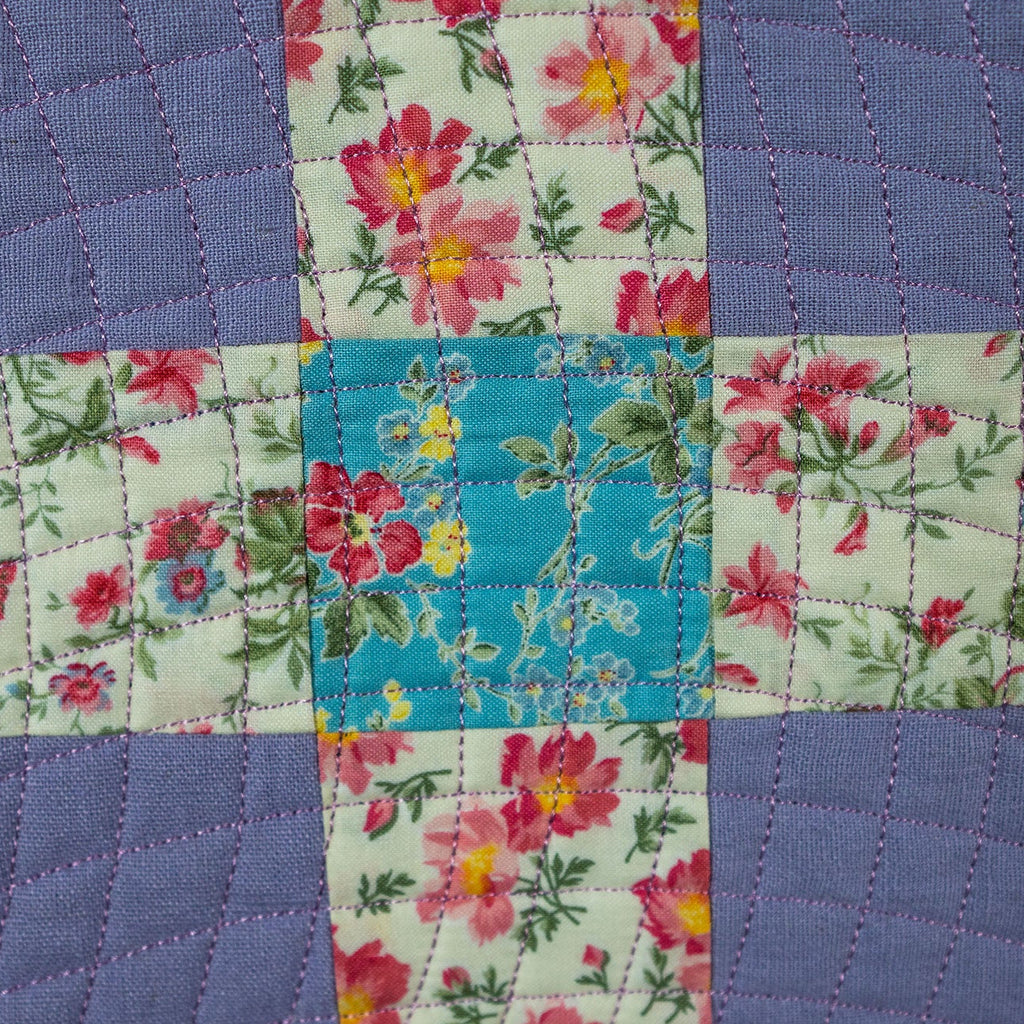 Patchwork quilt with floral patterns and blue borders