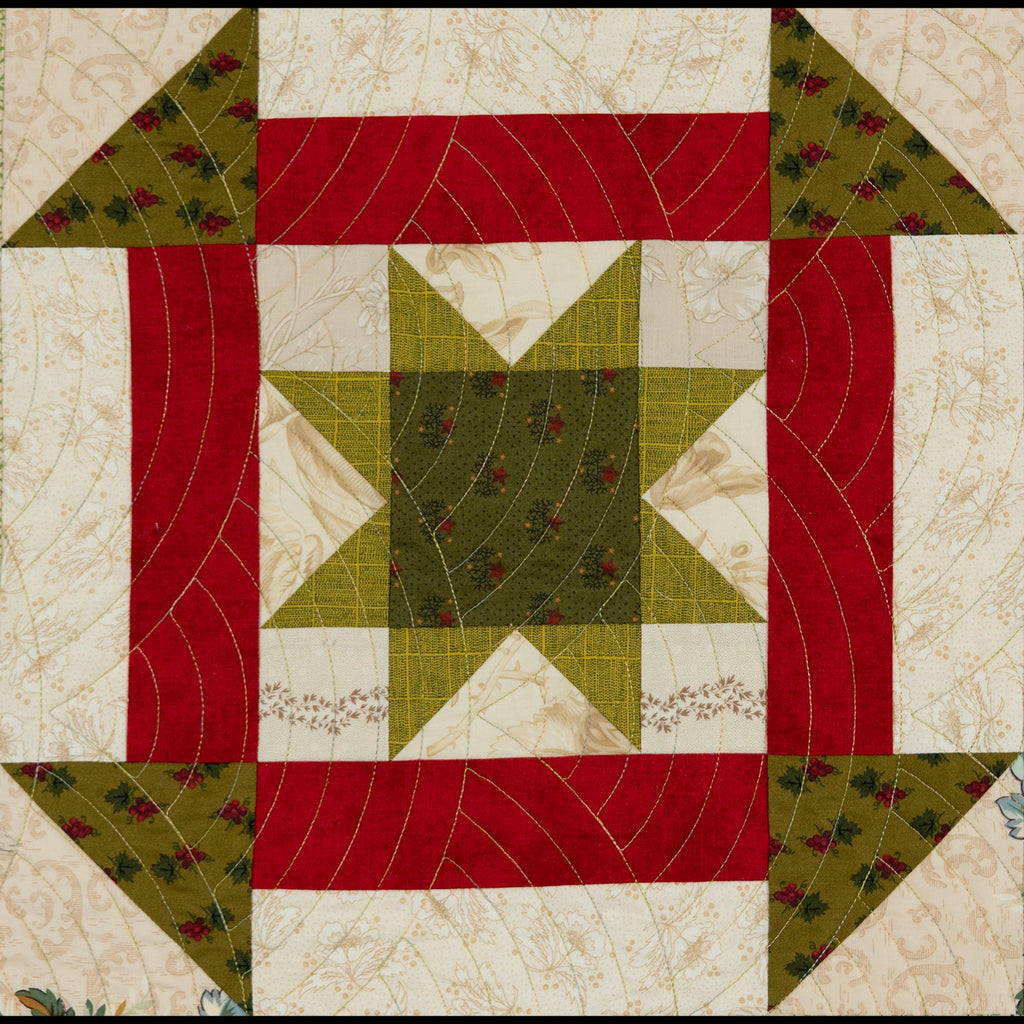 Quilt block with a large churn dash print in red and green