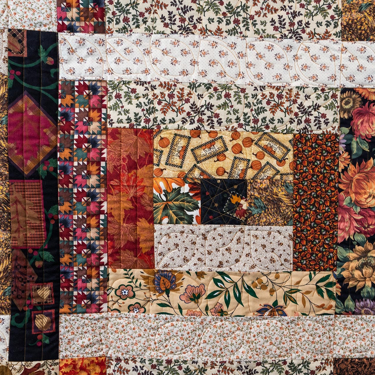 Colorful patchwork quilt with floral and geometric patterns