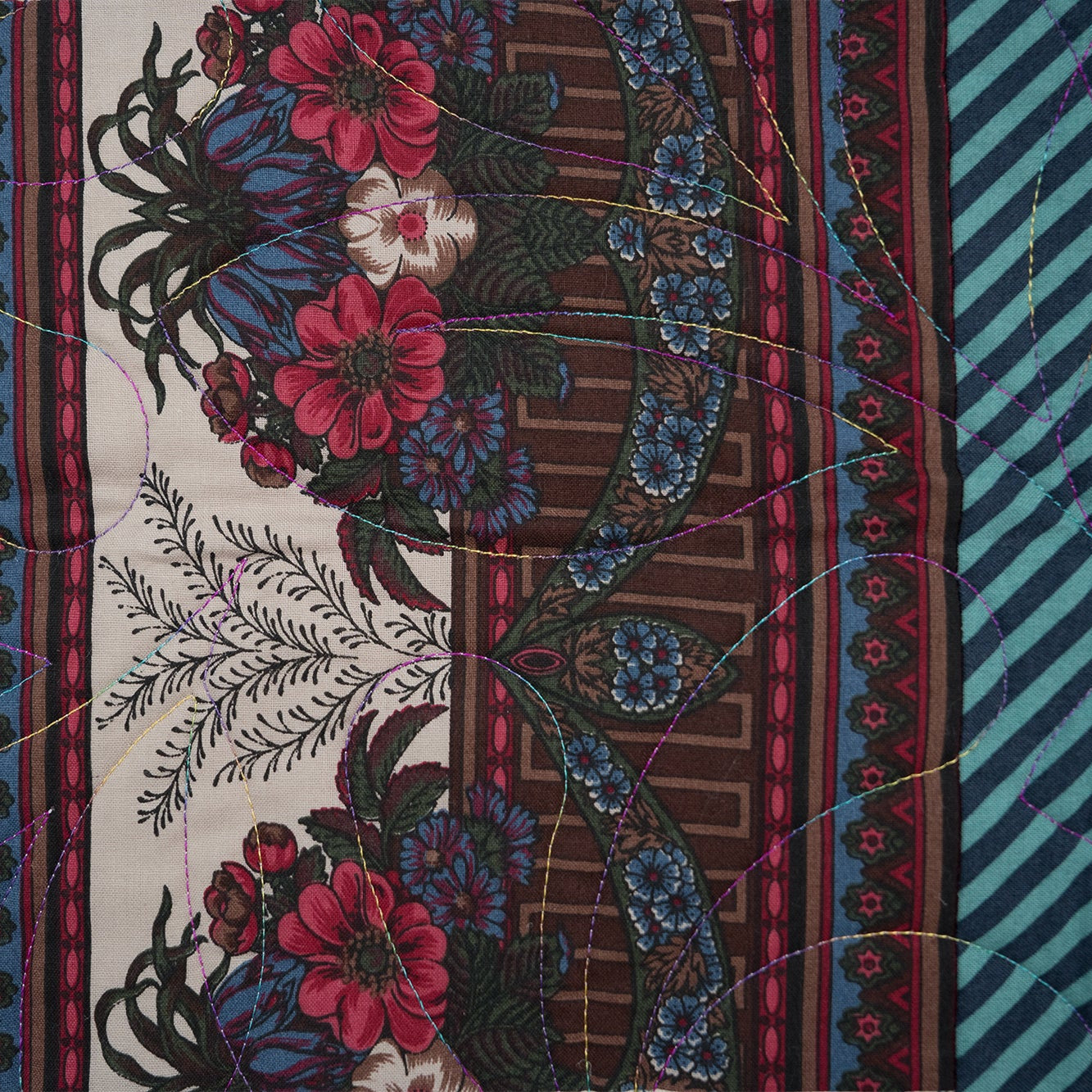 Close-up of floral and striped fabric patterns