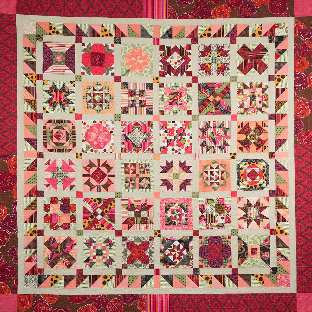 Colorful quilt with geometric patterns and a red border