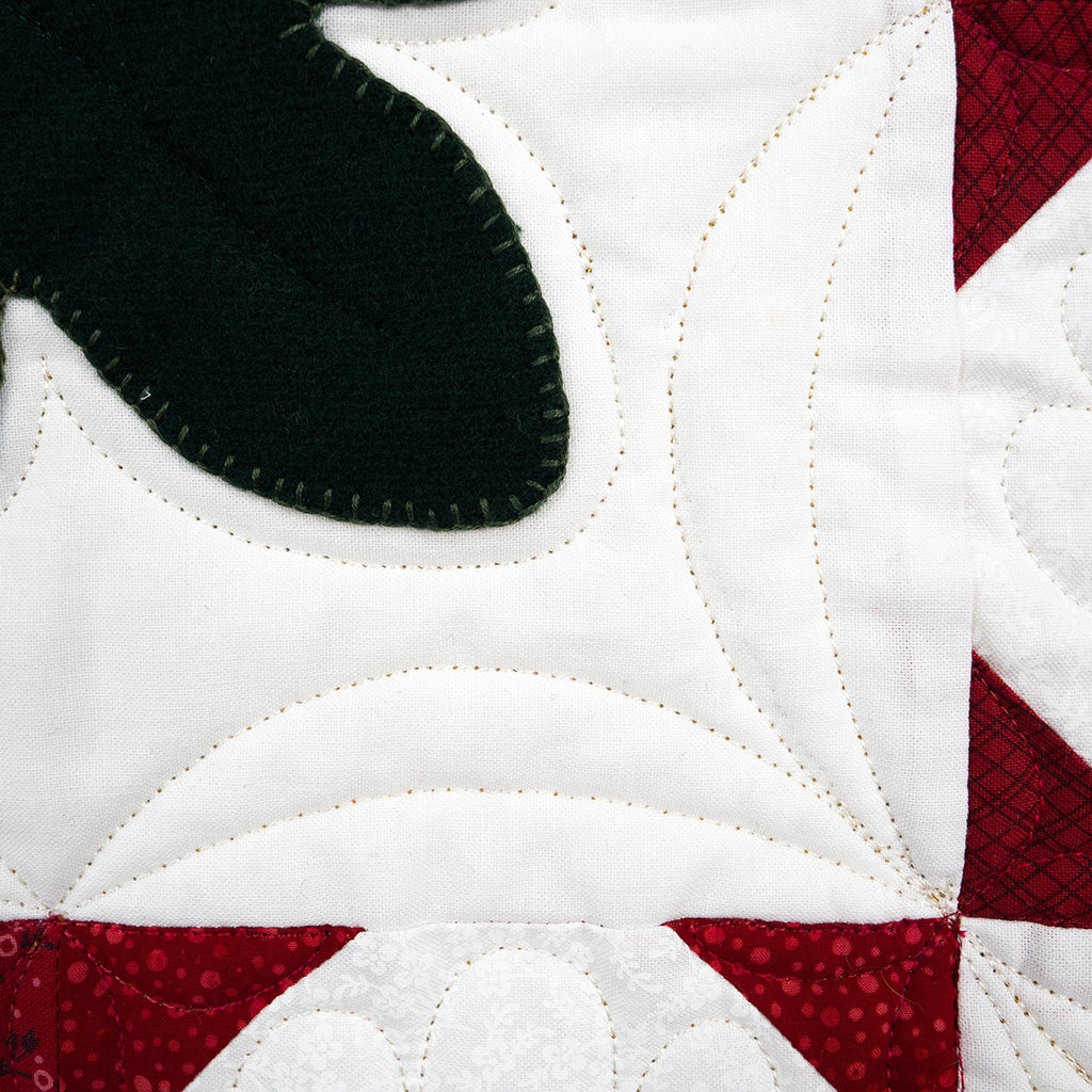 Close-up of a quilt with black, red, and white pattern
