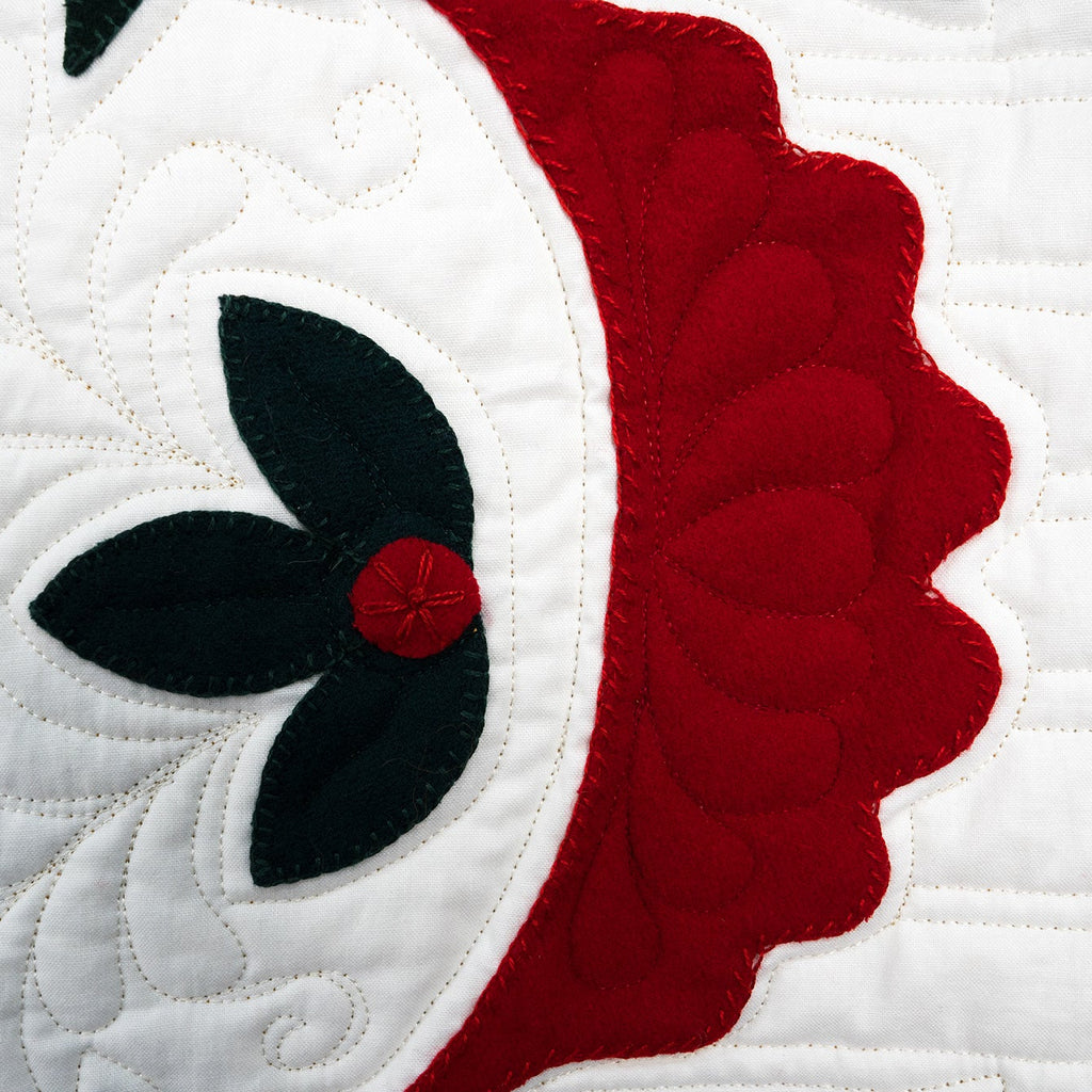 Close-up of a quilted fabric with red, black, and white design