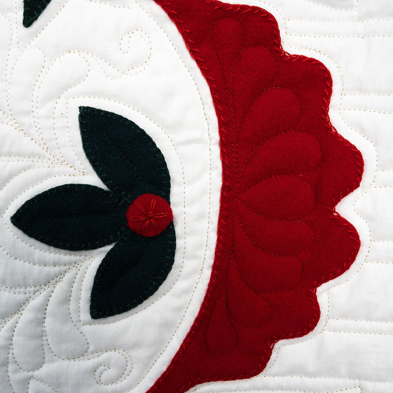 Close-up of a quilted fabric with red, black, and white design