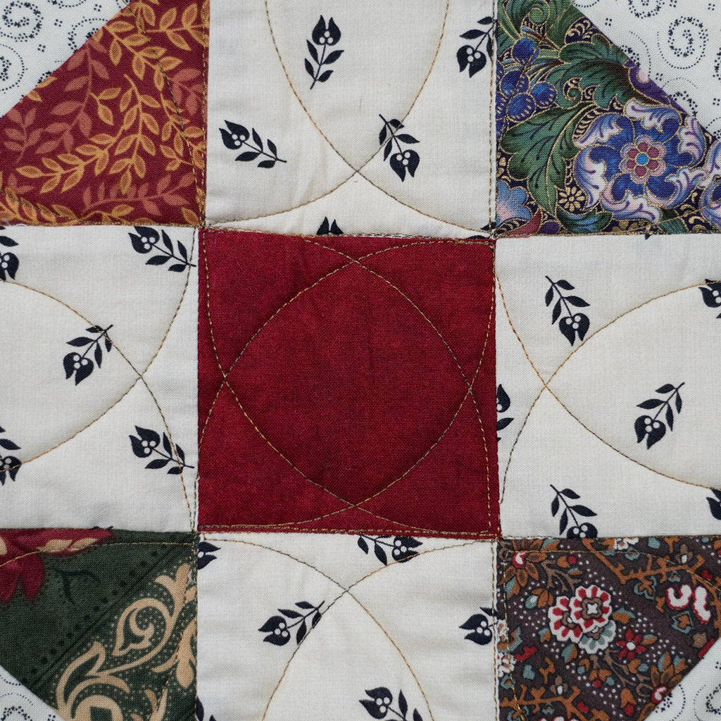 Quilt block close up featuring floral prints in a variety of colours