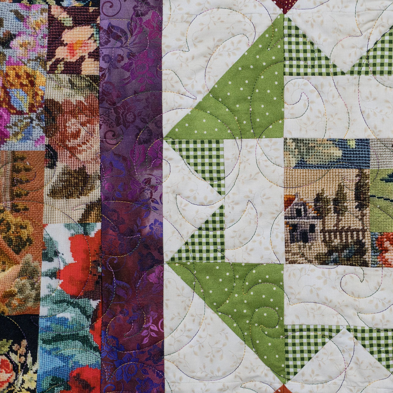 Quilt block with various patterns including floral, checkered, and landscape.