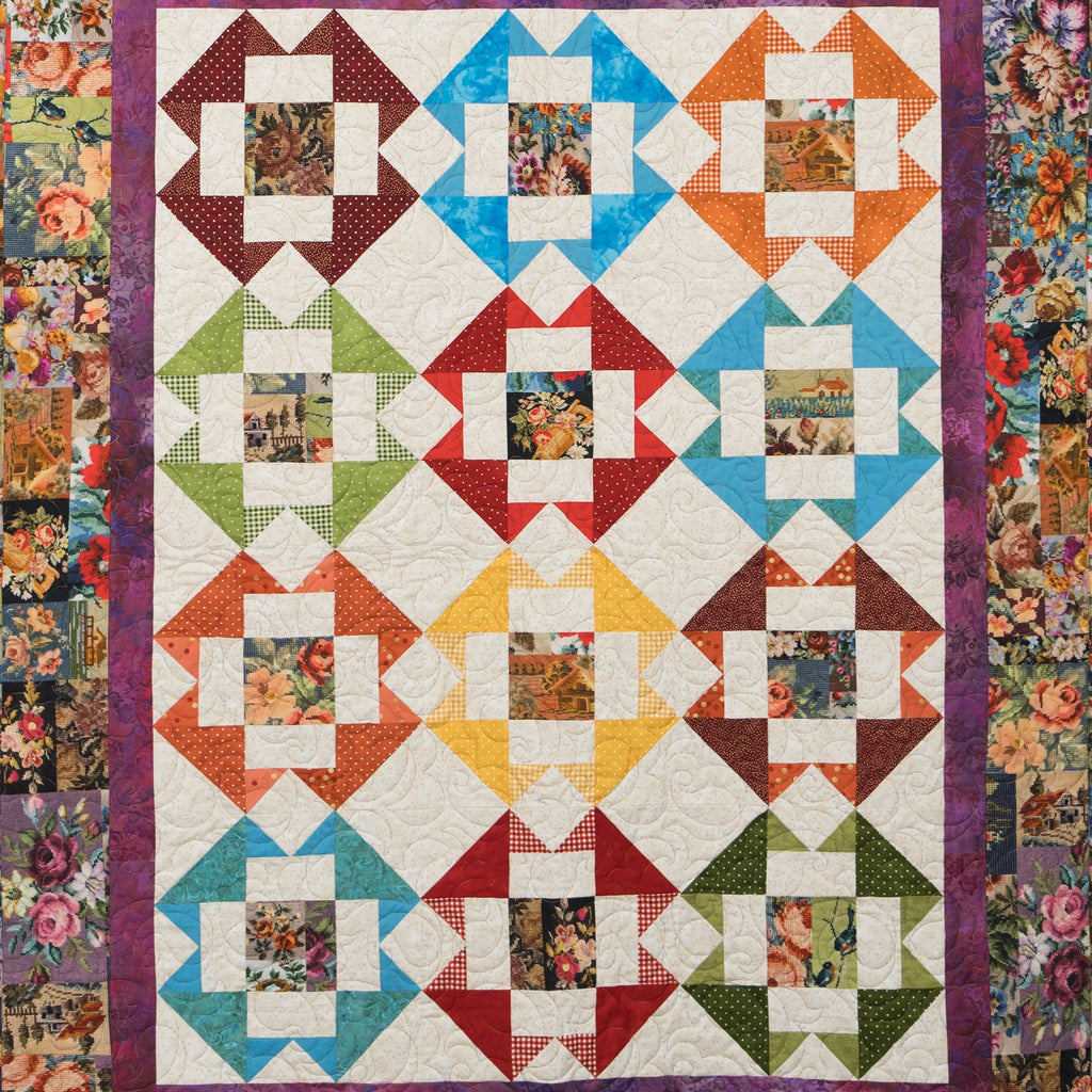 Colorful quilt with a geometric pattern and floral border