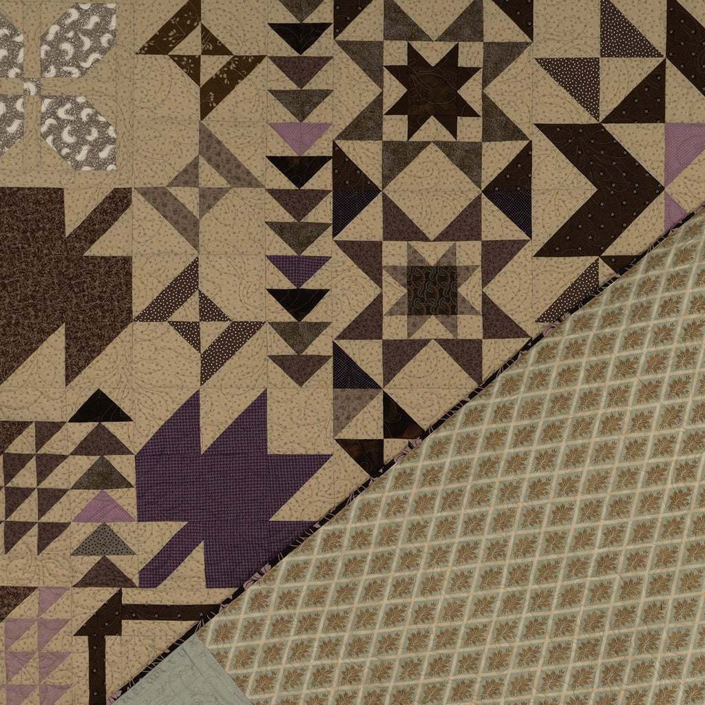 Two sides of a quilt shown. The left sample has a geometric patchwork design in beige, brown, and purple, while the right sample has a repeating diamond pattern in beige and brown.