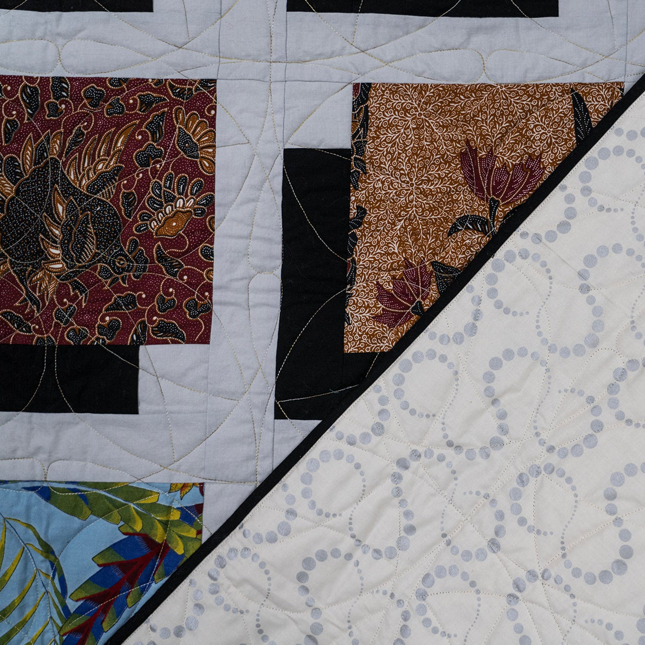 Quilt with various patterns including floral, geometric, and abstract designs.