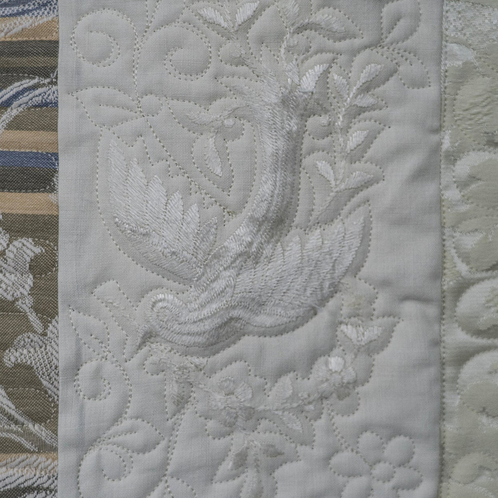 Collage of textured fabric patterns with floral and leaf designs.