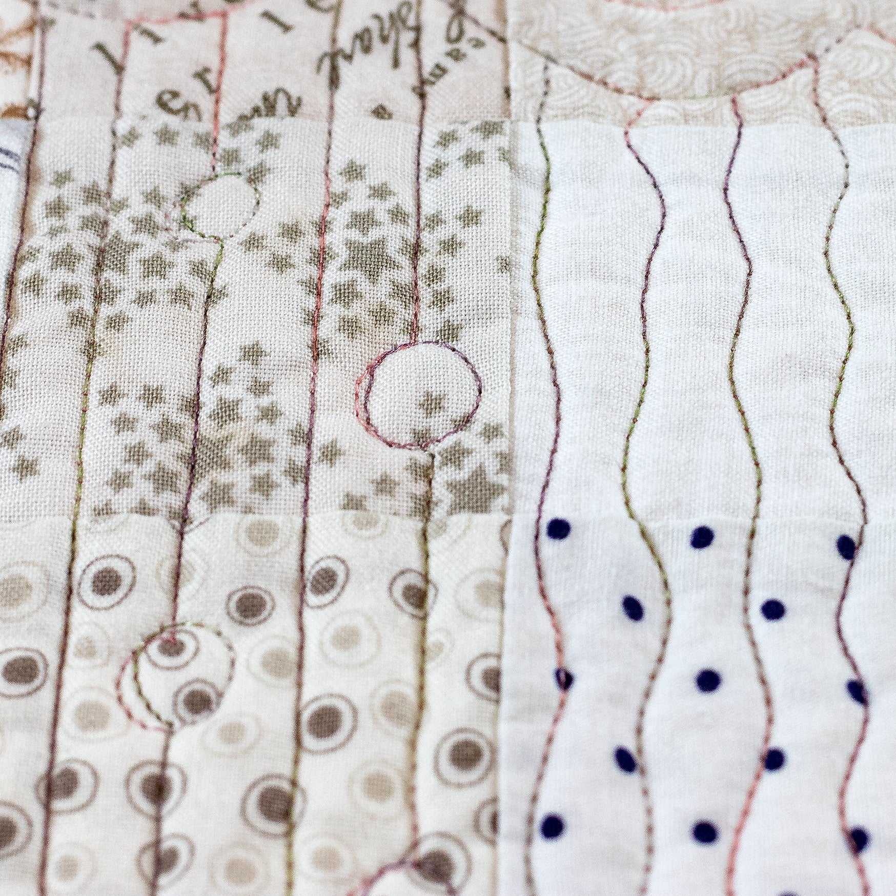 A close-up of a handmade quilted fabric panel featuring various stitched patterns including vertical wavy lines with blue dots, vertical lines with star prints, and circular dot motifs on a white and beige background.