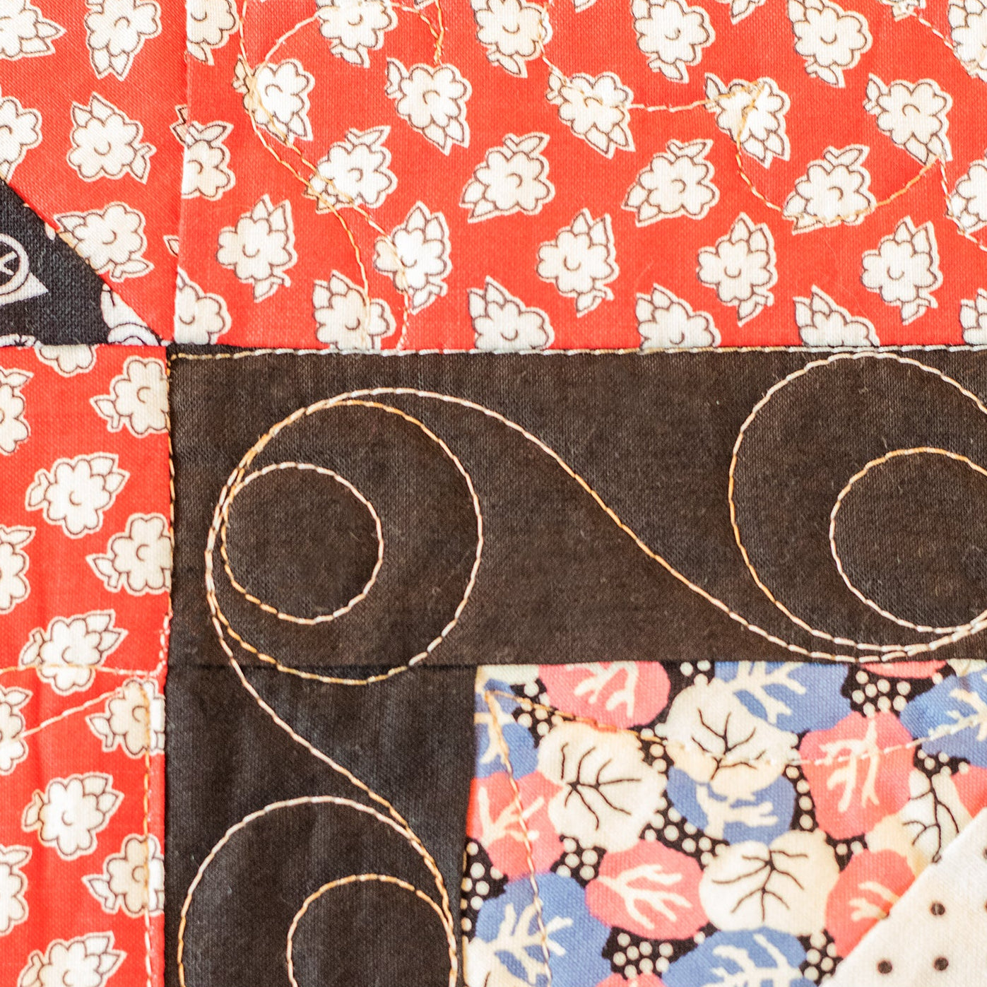 Quilt block with floral patterns and decorative stitching