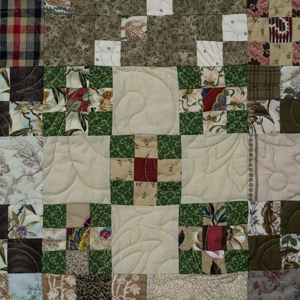 Patchwork quilt with various patterns and colors