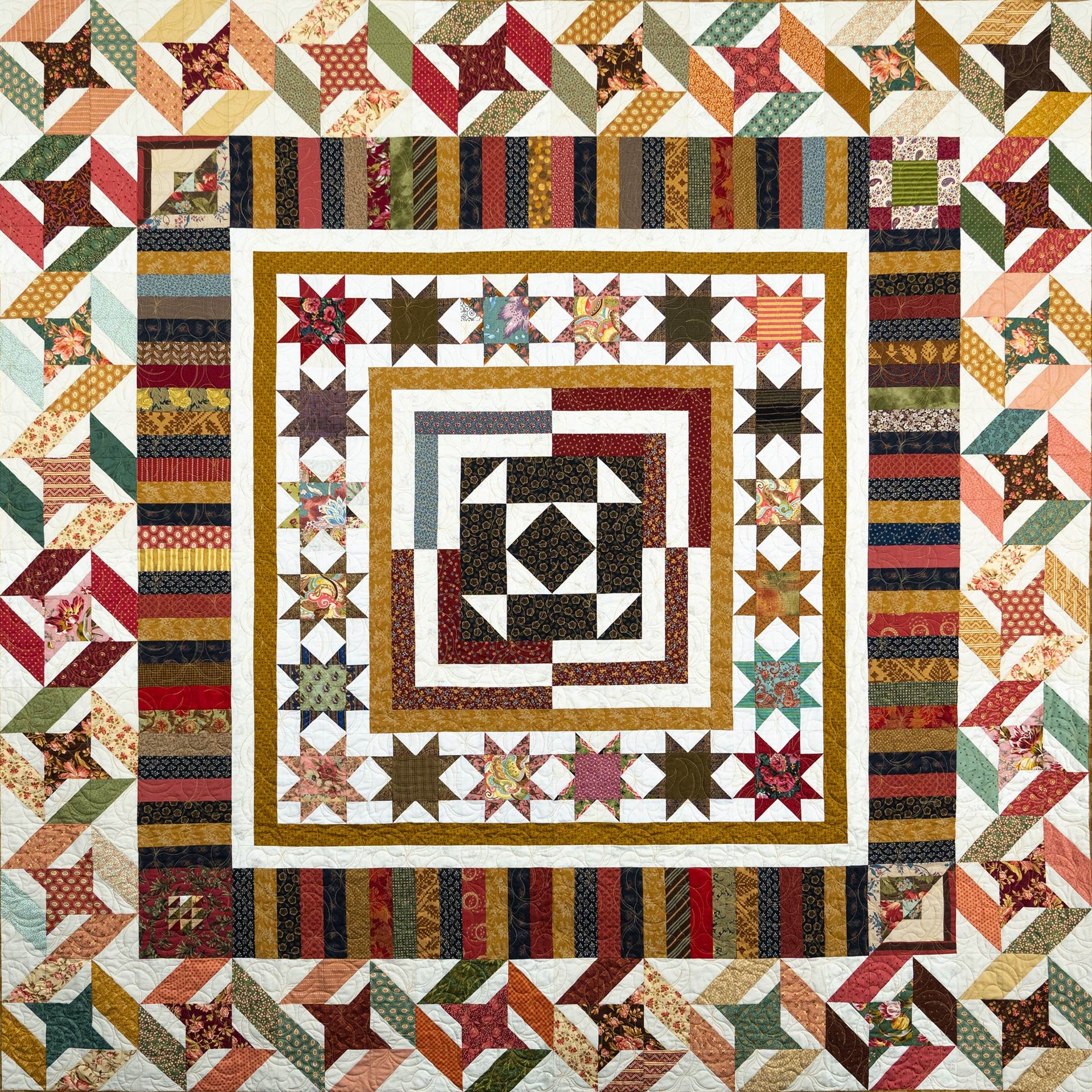 Colorful quilt with geometric patterns and star designs.