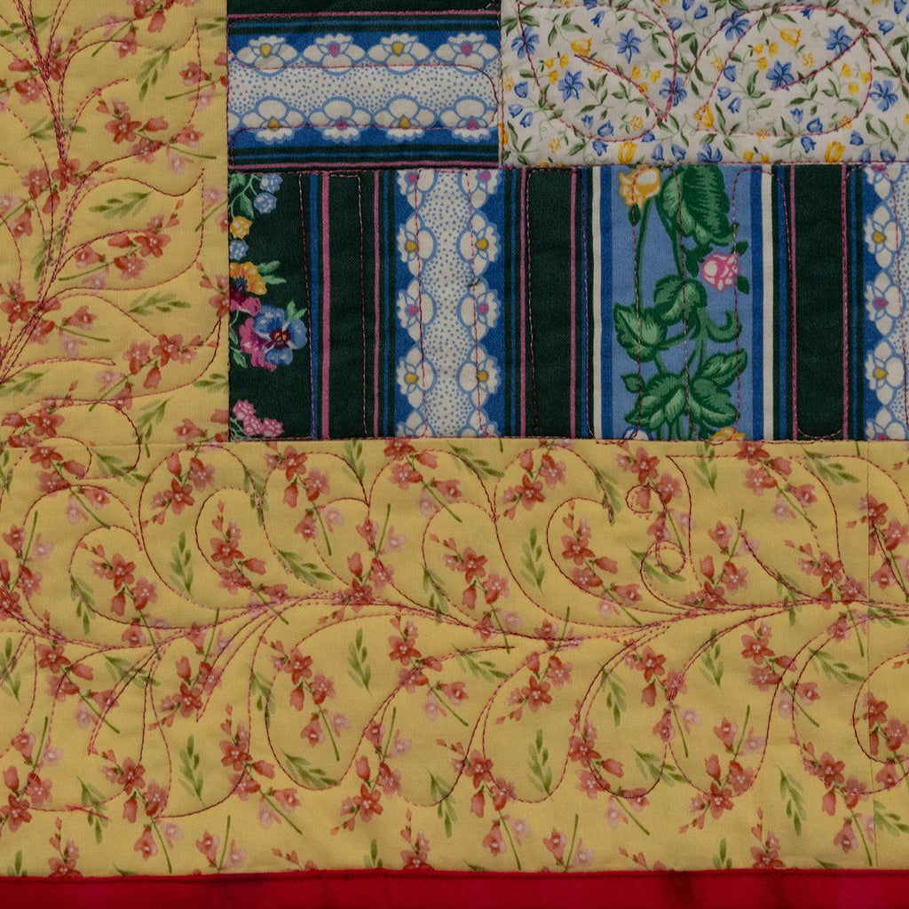Collection of floral and striped fabric samples arranged in a grid pattern.