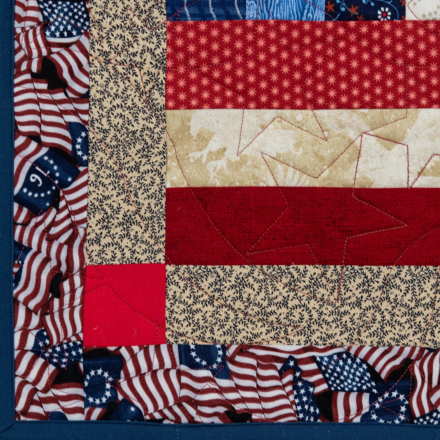 Quilt with American flag pattern and red, white, and blue colors