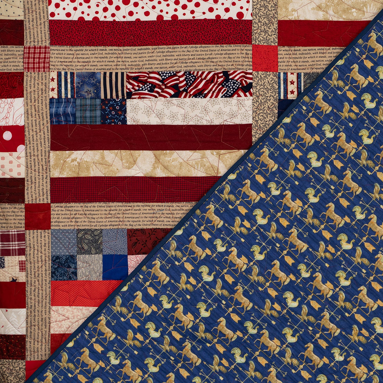 Two different fabric patterns side by side, one with a patchwork design and the other with a blue background with animal prints.